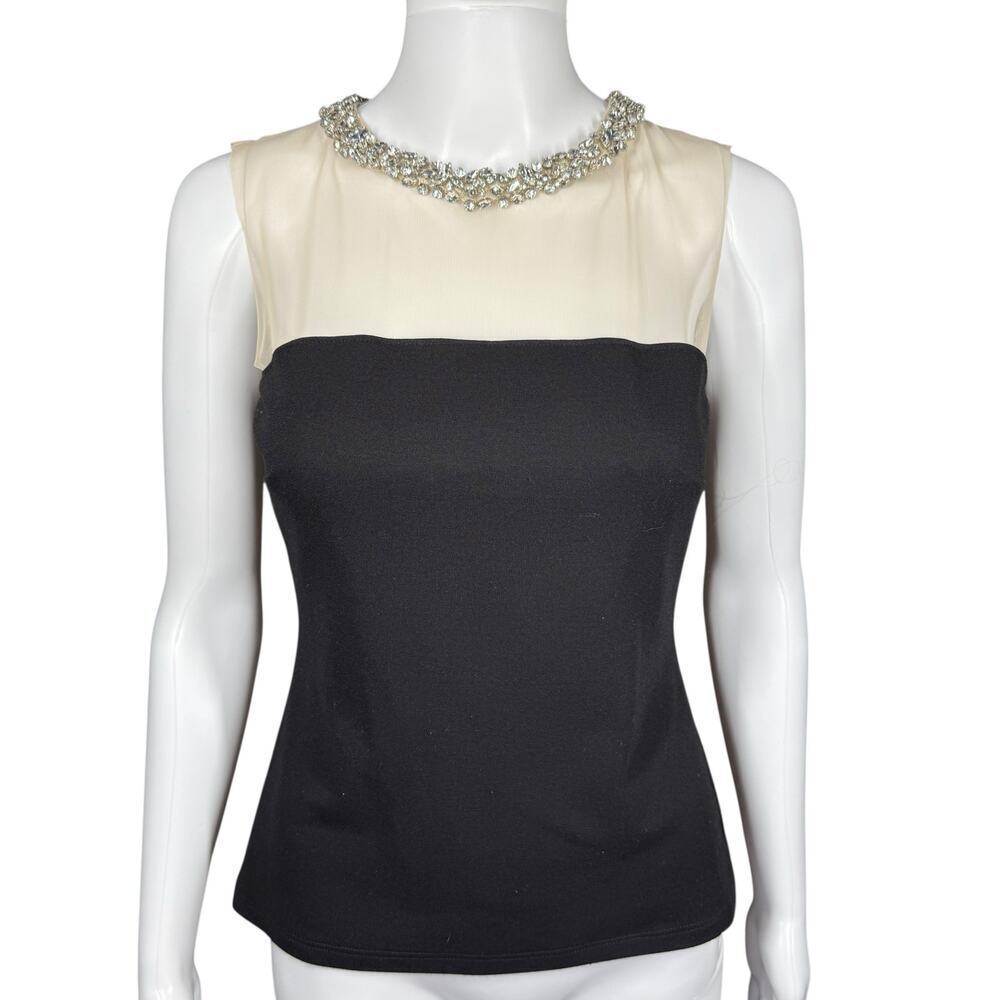 Vintage formal mesh crystal beaded embellished sleeveless black cream top small